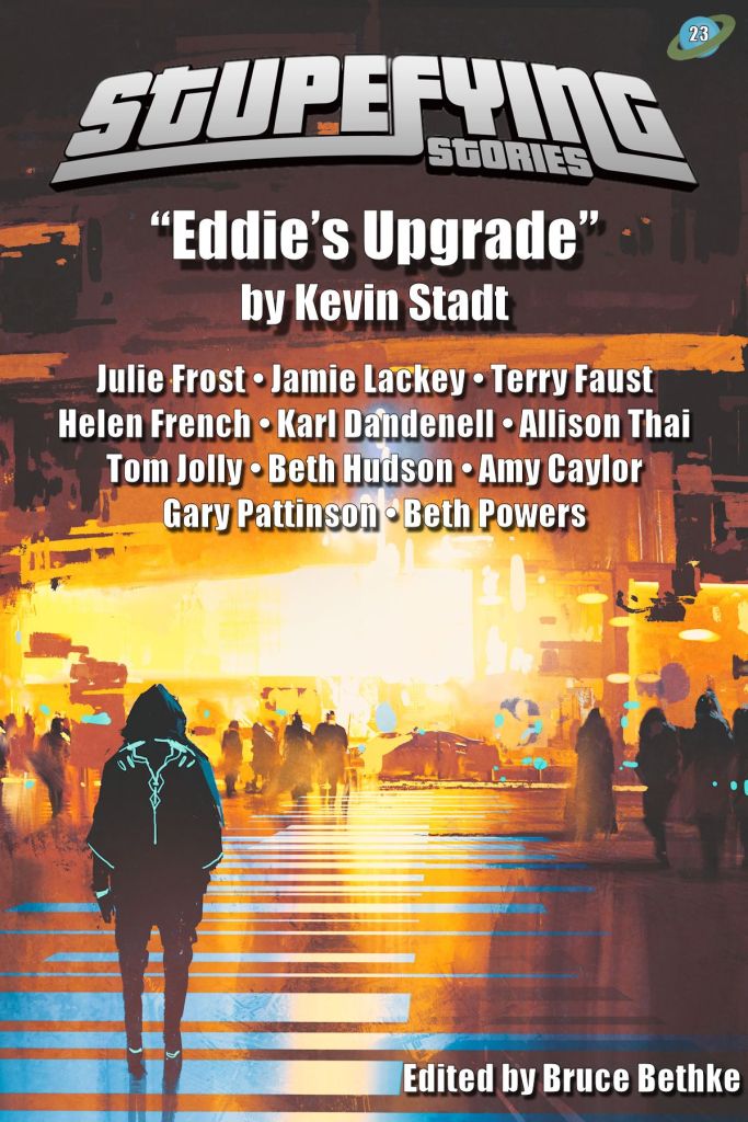 Cover of Stupefying Stories #23: man standing on street looking at futuristic city at night, sci-fi concept, illustration painting